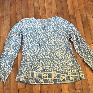 Blue Blouse with Full Sleeves and Cream Accents